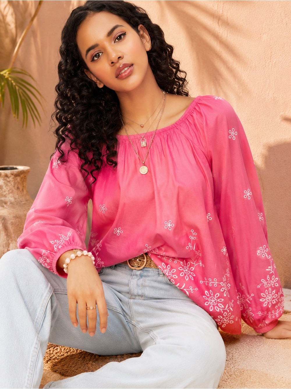 Max Women’s Pink Embroidered Peasant Blouse Puff Sleeve Boho Top